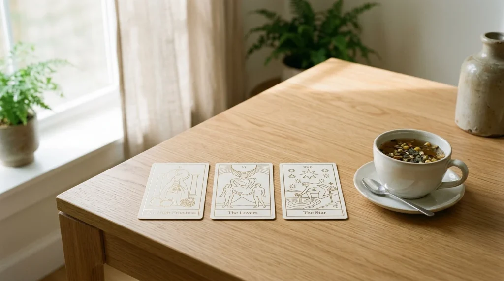 Minimalist wooden table with three tarot cards and herbal tea in morning light