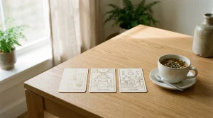 Tarot Guide for Beginners: Learn Card Meanings & Reading Techniques 2 Minimalist wooden table with three tarot cards and herbal tea in morning light