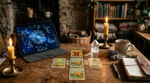 Tarot Guide for Beginners: Learn Card Meanings & Reading Techniques 6 Vintage tarot cards spread on a wooden table with candlelight and digital constellation tablet