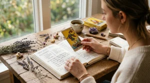 Tarot Guide for Beginners: Learn Card Meanings & Reading Techniques 4 Beginner studying tarot notes in an open journal holding The Fool card