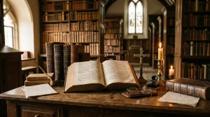 Tarot Guide for Beginners: Learn Card Meanings & Reading Techniques 2 Historic theological library desk with an open Bible, Catechism, and brass crucifix